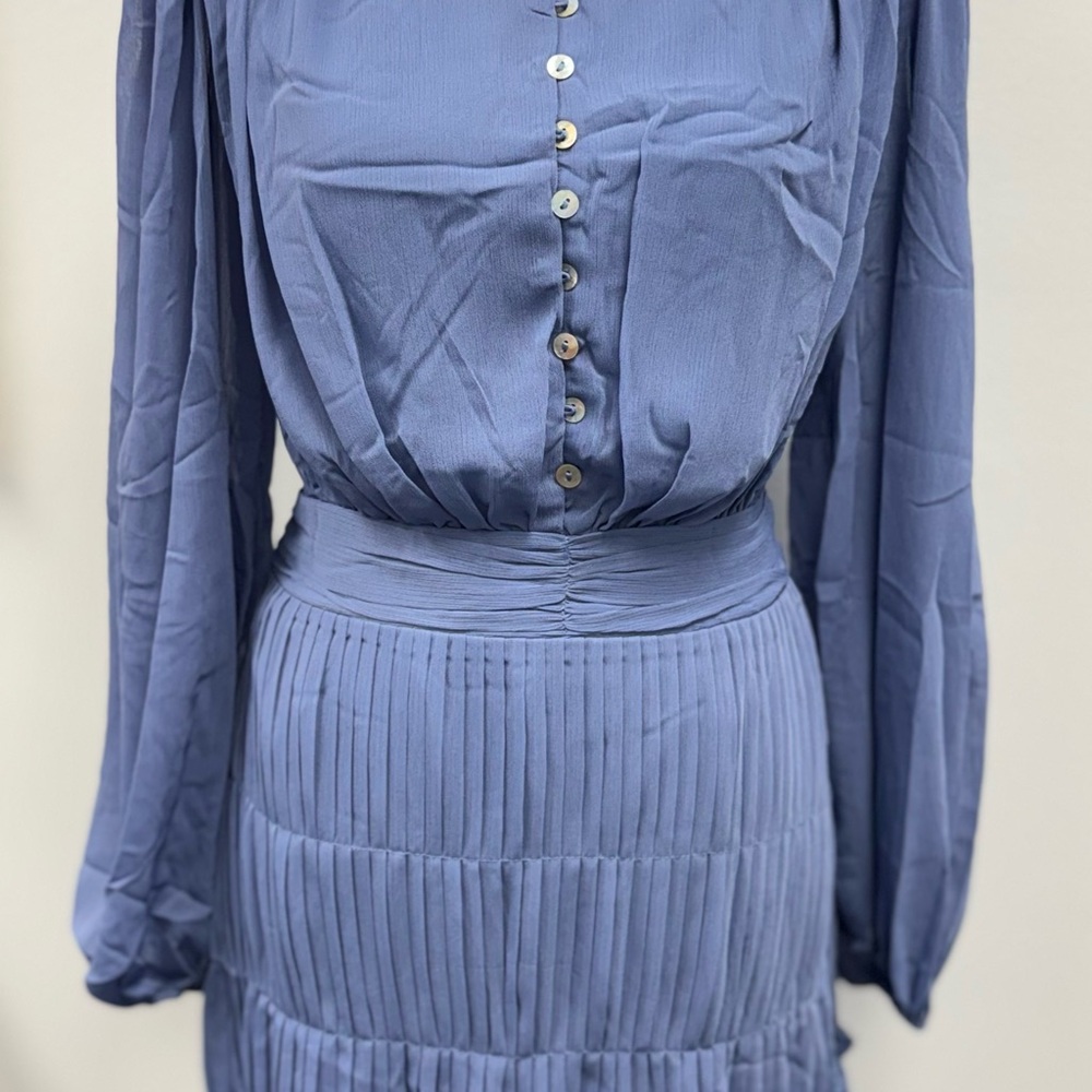 Blue Long Sleeve Pleated Sundress